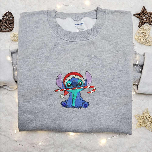 Stitch With Candy Cane Embroidered Shirt Disney Characters Embroidered Hoodie Christmas Embroidered Shirt