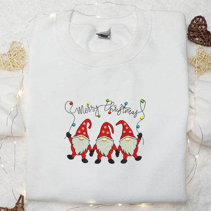 Three Gnomes Merry Christmas Embroidered Hoodie Christmas Embroidered T shirt Best Christmas Gift Ideas For Family