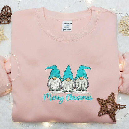Three Gnomes Blue Merry Christmas Embroidered Shirt Christmas Embroidered Hoodie Best Christmas Gifts For Family