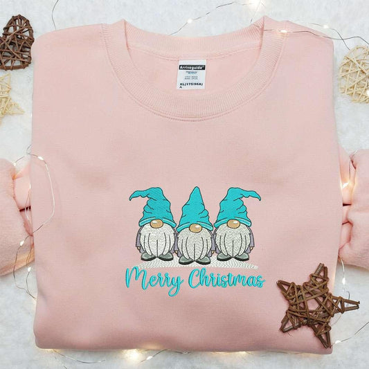 Three Gnomes Blue Merry Christmas Embroidered Shirt Christmas Embroidered Hoodie Best Christmas Gifts For Family