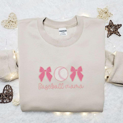 Baseball Mama Pink Bows Embroidered Shirt Sports Embroidered Hoodie Best Mothers Day Gift Idea