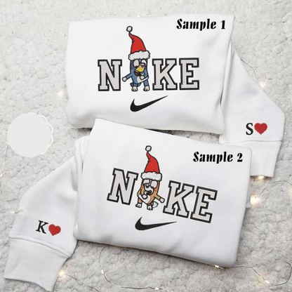 Bluey And Bingo X Nike Xmas Embroidered Couple Shirt Cartoon Characters Embroidered Shirt Nike Inspired Embroidered Hoodie