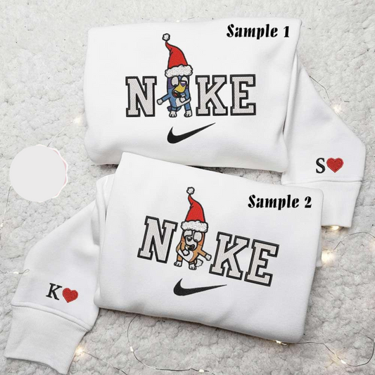 Bluey And Bingo X Nike Xmas Embroidered Couple Shirt Cartoon Characters Embroidered Shirt Nike Inspired Embroidered Hoodie
