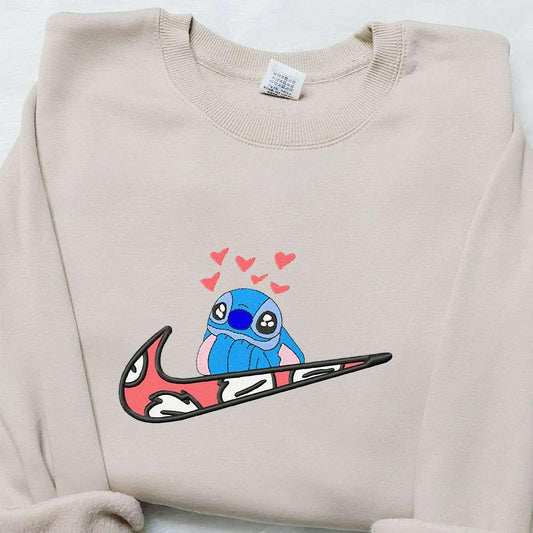 Stitch Hearts x Swoosh Embroidered Sweatshirt Disney Characters Embroidered Hoodie Best Valentines Gift Ideas