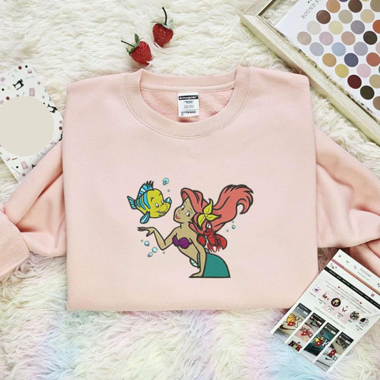 Ariel And Flounder Disney Characters Embroidered Shirt Best Gift Idea For Family