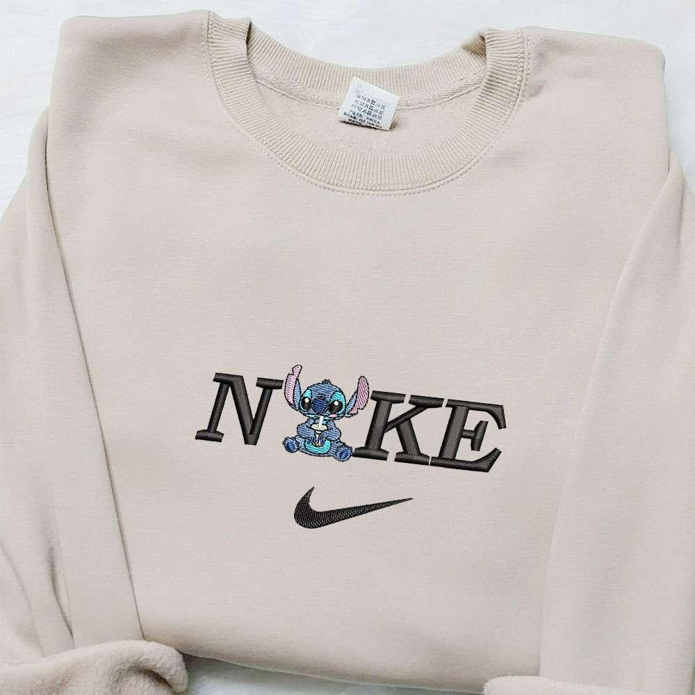 Stitch Drinking Boba x Nike Embroidered Shirt Disney Characters Embroidered Hoodie Nike Inspired Embroidered Sweatshirt