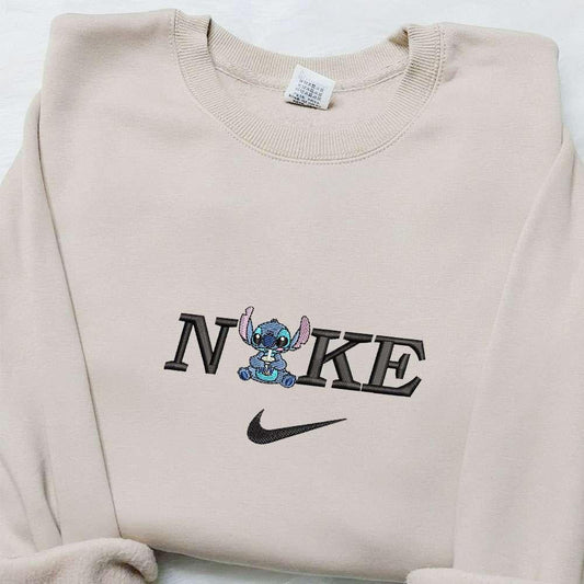 Stitch Drinking Boba x Nike Embroidered Shirt Disney Characters Embroidered Hoodie Nike Inspired Embroidered Sweatshirt