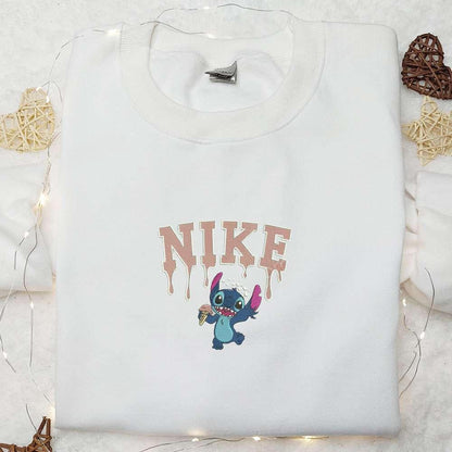 Stitch Choco Ice Cream Drip x Nike Embroidered Shirt Disney Characters Embroidered Hoodie Nike Inspired Embroidered Sweatshirt