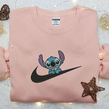 Stitch x Nike Swoosh Embroidered Sweatshirt Lilo and Stitch Cartoon Embroidered Shirt Nike Inspired Embroidered Shirt