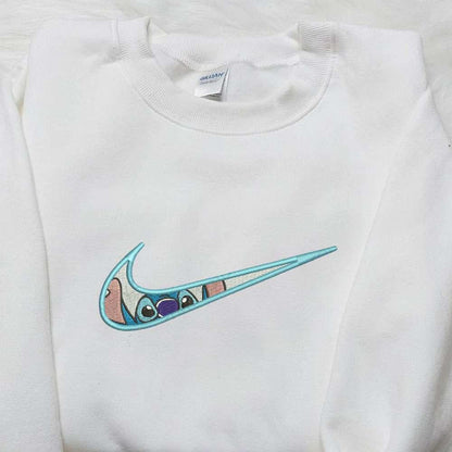 Stitch x Nike Swoosh Embroidered Sweatshirt Lilo and Stitch Cartoon Embroidered Shirt Nike Inspired Embroidered Shirt