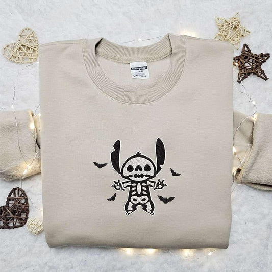Stitch Skeleton Bats Embroidered Sweatshirt Lilo And Stitch Disney Spooky Embroidered Sweatshirt Best Gift Ideas For Family