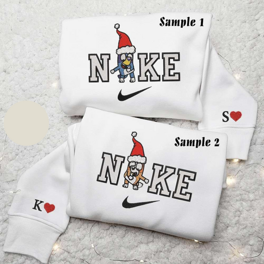Bluey And Bingo x Nike Xmas Embroidered Couple Shirt Cartoon Characters Embroidered Shirt Nike Inspired Embroidered Hoodie
