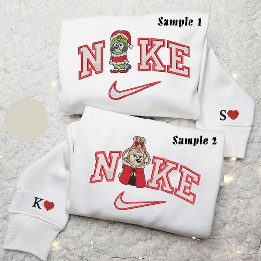 Bluey And Bingo Grinch Cindy Lou x Nike Embroidered Couple Shirt Cartoon Embroidered Shirt Christmas Embroidered Hoodie