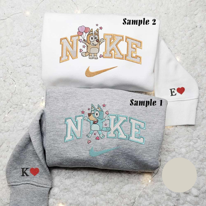 Bluey And Bingo Hearts x Nike Embroidered Couple Shirt Cartoon Embroidered Shirt Valentine Embroidered Hoodie