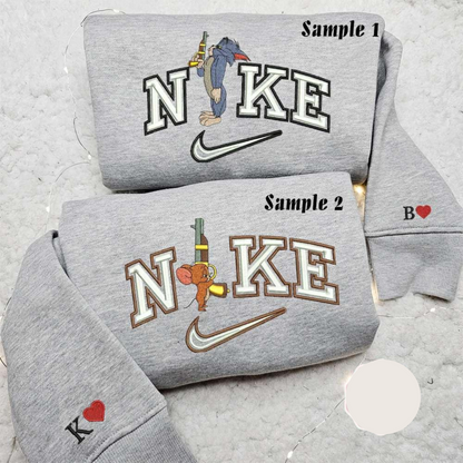 Tom And Jerry With Gun x Nike Couple Embroidered Shirt Cartoon Embroidered Hoodie Nike Inspired Embroidered Sweatshirt