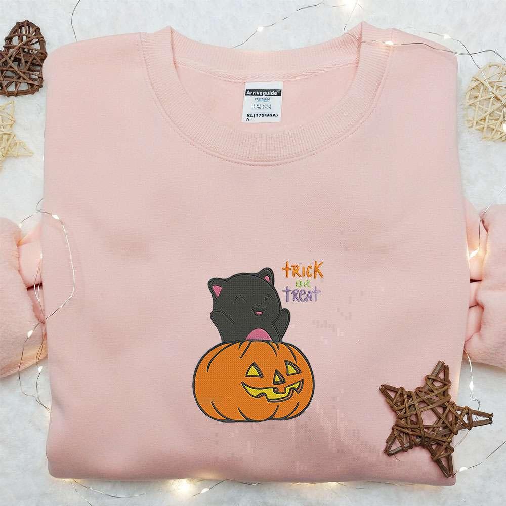 Black Cat Pumpkin Trick Or Treat Embroidered Sweatshirt Cute Halloween Embroidered Hoodie Best Gifts For Family