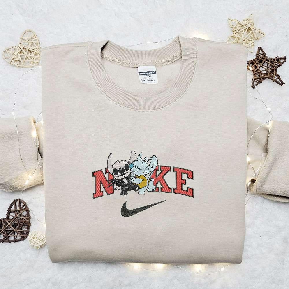 Stitch Jack and Angel Sally x Nike Halloween Embroidered Sweatshirt Horror Movie Halloween Embroidered Shirt Best Halloween Gift Ideas
