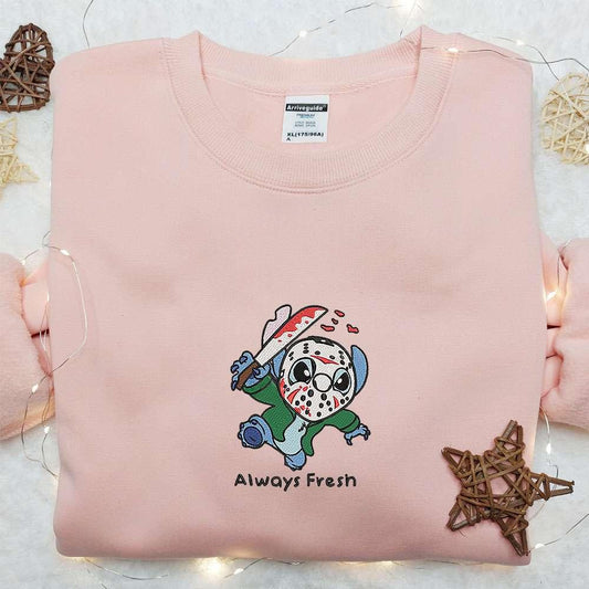 Stitch Jason Voorhees Always Fresh Embroidered Shirt Disney Characters Embroidered Hoodie Best Halloween Gift Ideas
