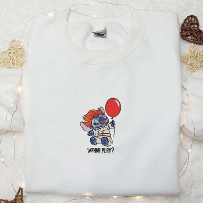 Stitch Pennywise Wanna Play Embroidered Shirt Disney Characters Embroidered Hoodie Best Halloween Gift Ideas
