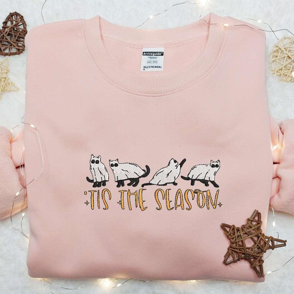 Tis The Season Cats Ghost Embroidered Shirt Funny Halloween Embroirdered Shirt Best Halloween Gifts for Family