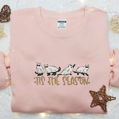 Tis The Season Cats Ghost Embroidered Shirt Funny Halloween Embroirdered Shirt Best Halloween Gifts for Family