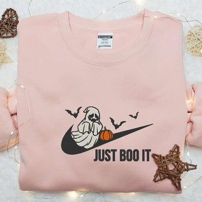 Swoosh x Boo Ghost Just It Embroidered Sweatshirt Halloween Embroidered Shirt Nike Inspired Embroidered T shirt