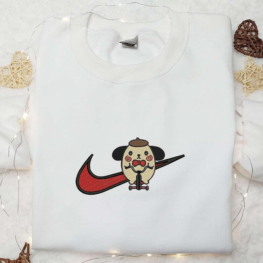 Swoosh x Pompompurin Jigsaw Embroidered Sweatshirt Nike Inspired Embroidered Shirt Funny Horror Halloween Embroidered T shirt