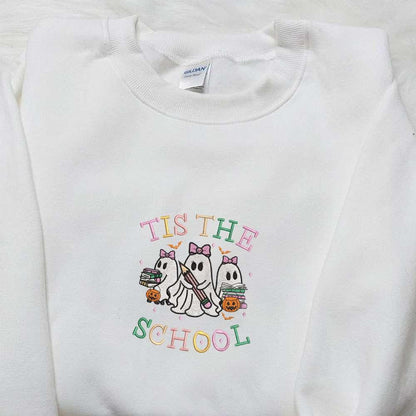 Tis The School Coquette Halloween Ghost Back To School Embroidered Shirt