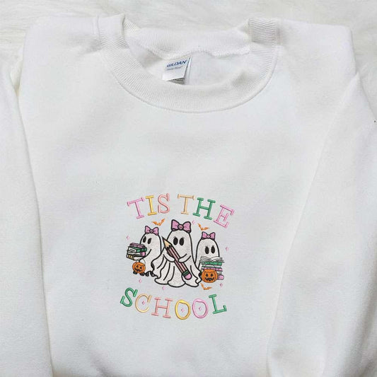 Tis The School Coquette Halloween Ghost Back To School Embroidered Shirt