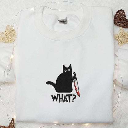 What Funny Black Cat with Knife Embroidered Shirt Halloween Embroidered Shirt Best Halloween Gifts